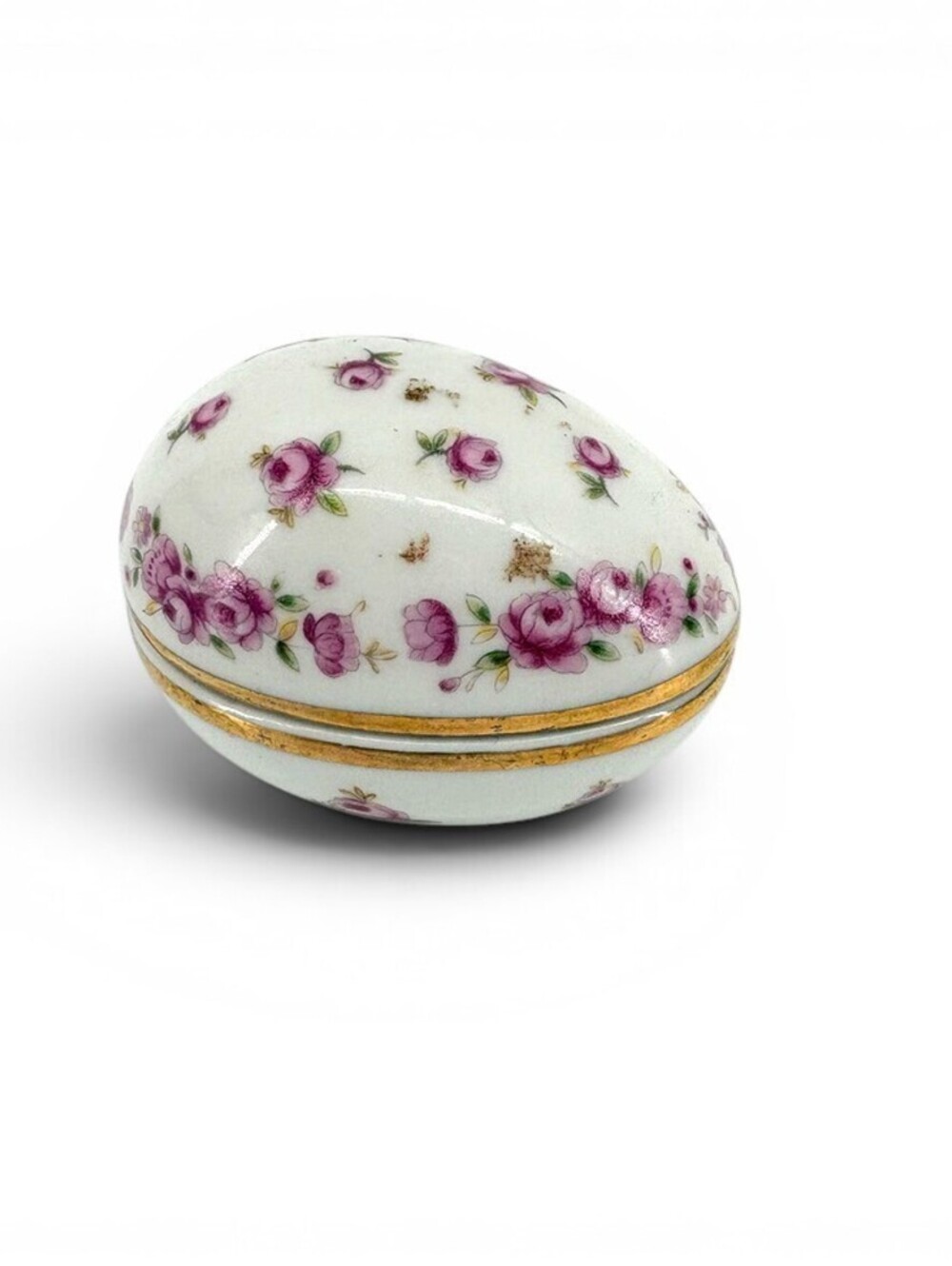 Vintage Limoge Style Egg Shaped Trinket Box Pink Roses Gold Trim